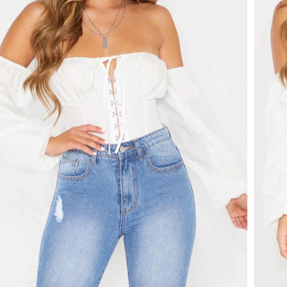 White Hook & Eye Bardot Long Sleeve Bodysuit size xs